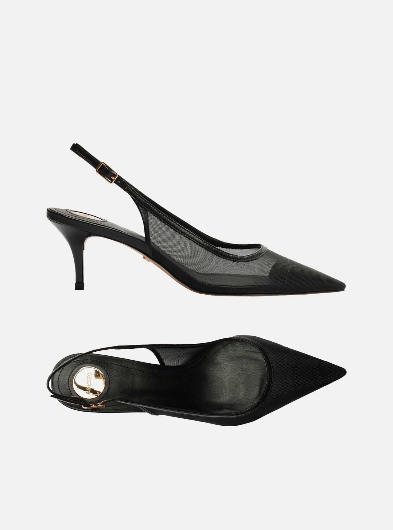 Scarpin Preto Tela Salto Kitten Slingback