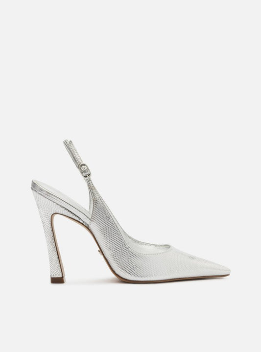 Scarpin Prata Couro Salto Alto Slingback Esther