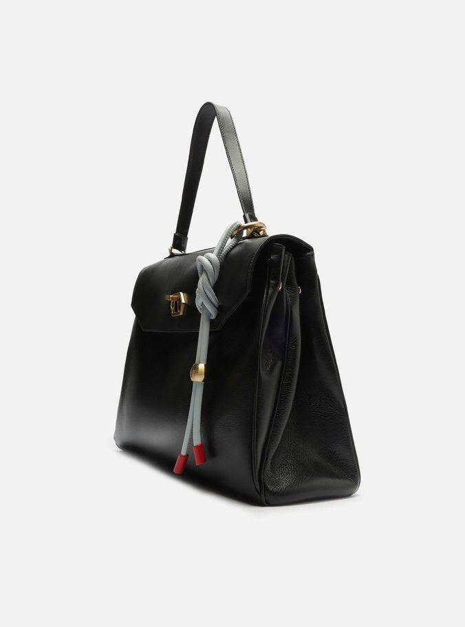 Bolsa Satchel Preta Couro Grande Bag Charm Nó