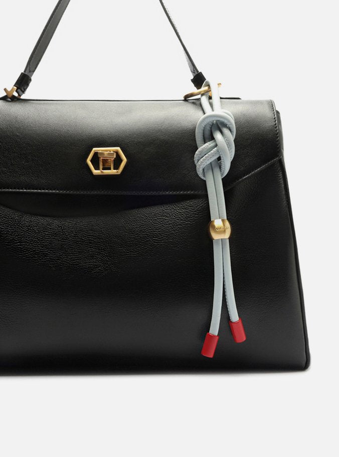 Bolsa Satchel Preta Couro Grande Bag Charm Nó