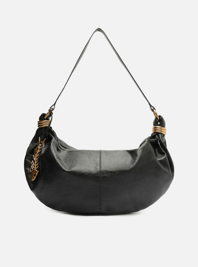 Bolsa Hobo Preta Couro Grande Metais