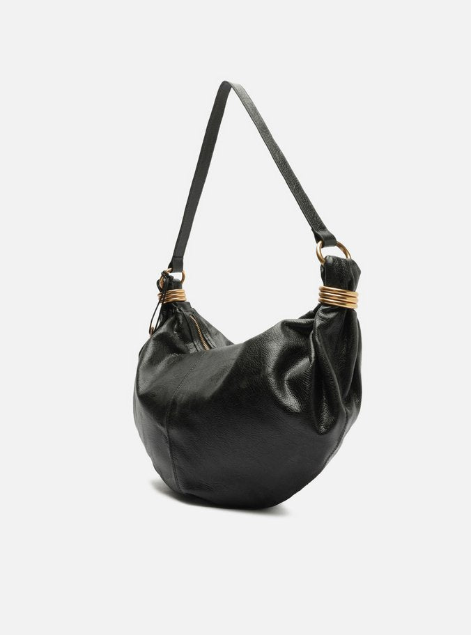 Bolsa Hobo Preta Couro Grande Metais