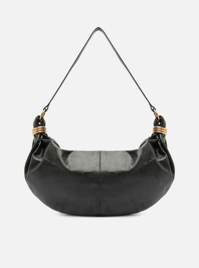 Bolsa Hobo Preta Couro Grande Metais