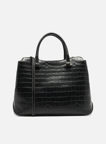 Bolsa Shopping Preta Couro Grande Croco Charm