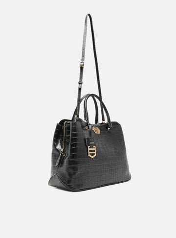 Bolsa Shopping Preta Couro Grande Croco Charm