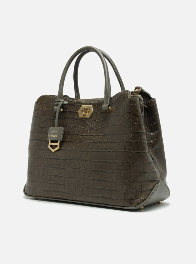 Bolsa Shopping Cinza Couro Grande Croco Charm